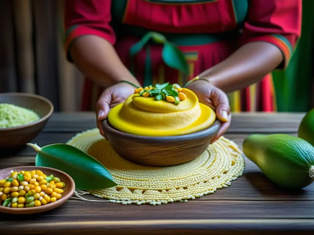 Una mujer maya tradicional amasa masa amarilla con maíz y hojas de aguacate