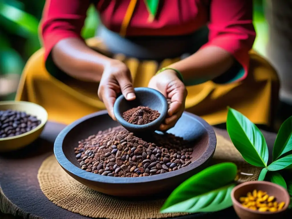 Una mujer maya tradicional muele cacao en metate rodeada de hojas verdes y cuencos con granos de cacao