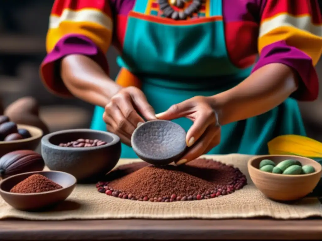 Una mujer maya tradicional muele cacao en metate, destacando la riqueza cultural y culinaria de épocas pasadas