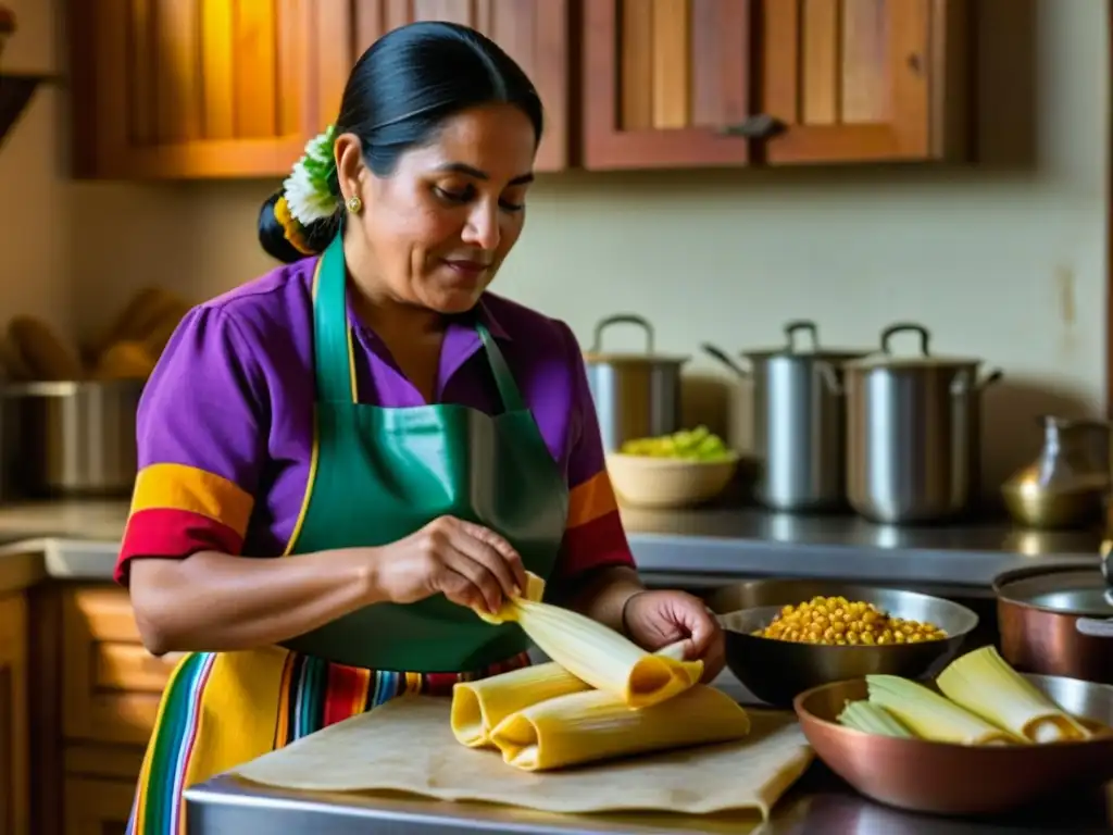 Una mujer mexicana envolviendo tamales en una cocina durante la Revolución Mexicana, mostrando dedicación y fuerza