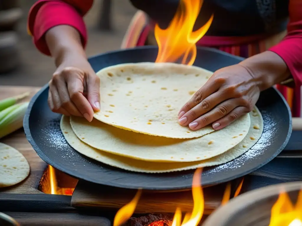 Una mujer mexicana moldea tortillas de maíz a mano en un comal sobre fuego