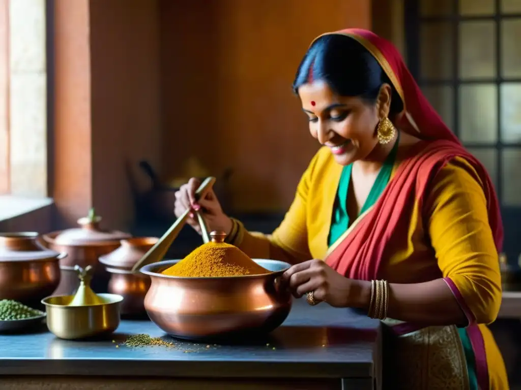 Una mujer Mughal preparando una receta histórica con gracia en una cocina ornamentada