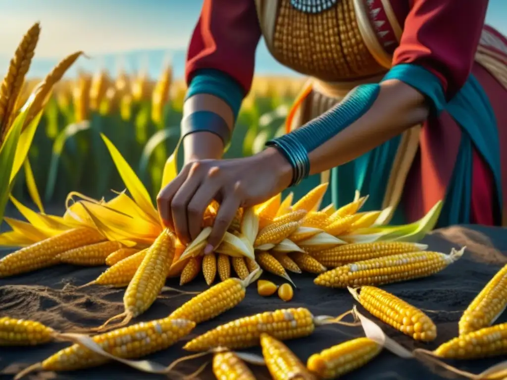 Una mujer nativa americana selecciona maíz en un campo soleado, destacando detalles y colores vibrantes, historia de cervezas artesanales americanas