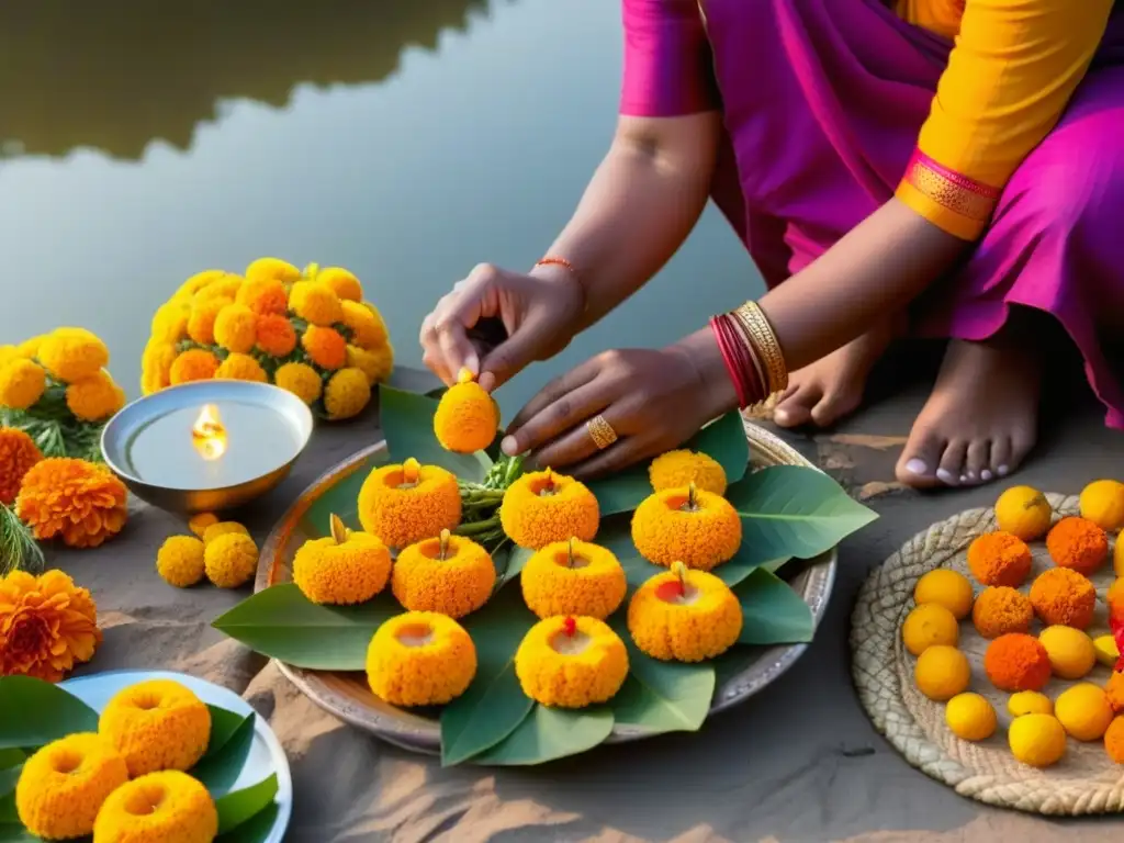 Una mujer arregla ofrendas de frutas y flores en un río durante Chhath Puja