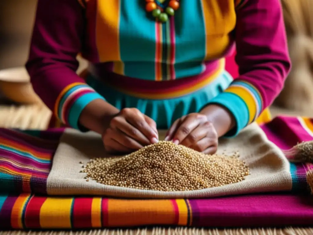 Una mujer peruana tradicional organiza granos andinos con cuidado en un telar