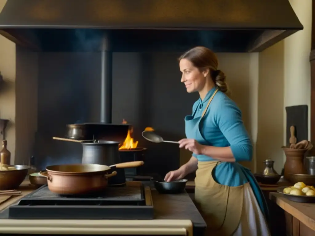 Una mujer prepara un plato tradicional en una cocina del siglo XIX, destacando la mezcla de tradición e innovación