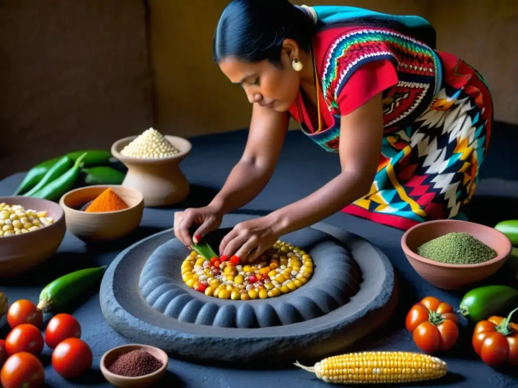 Una mujer precolombina cocina con tradición, moliendo maíz en metate de piedra rodeada de ingredientes coloridos