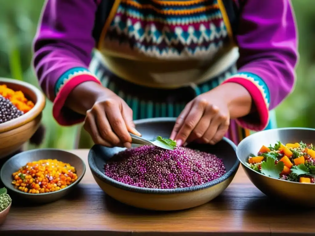 Una mujer Quechua prepara un plato colorido con ingredientes ancestrales en el Camino del Inca