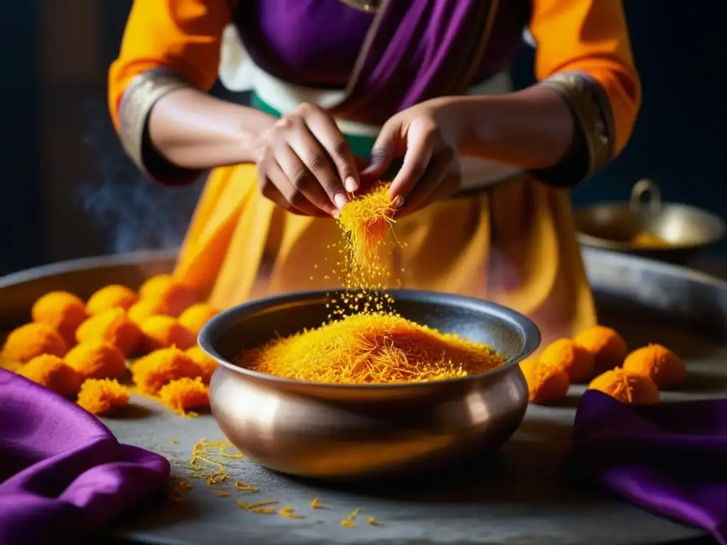 Mujer Mughal preparando recetas históricas con azafrán en olla