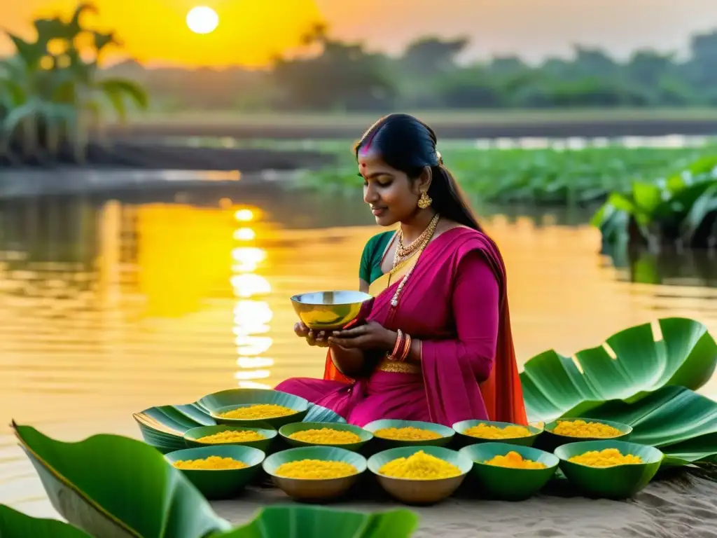 Mujer ofreciendo recetas milenarias Chhath Puja al sol en ritual ancestral junto al río sagrado