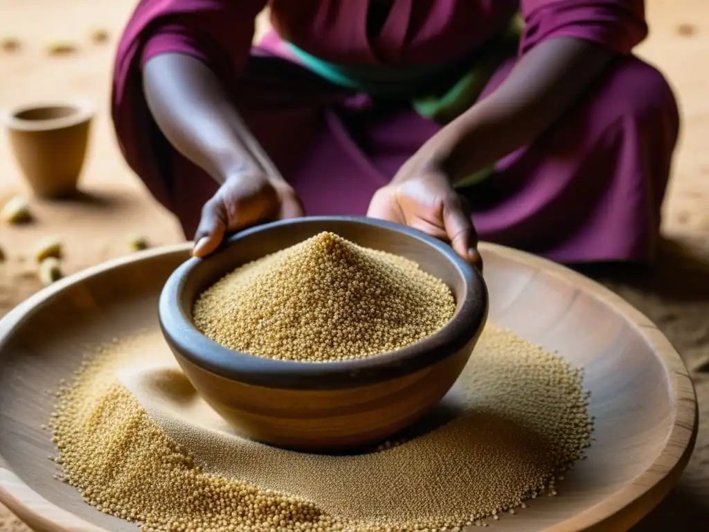 Mujer saheliana machacando mijo en mortero de madera, resaltando la historia cultural de la cocina saheliana en África occidental