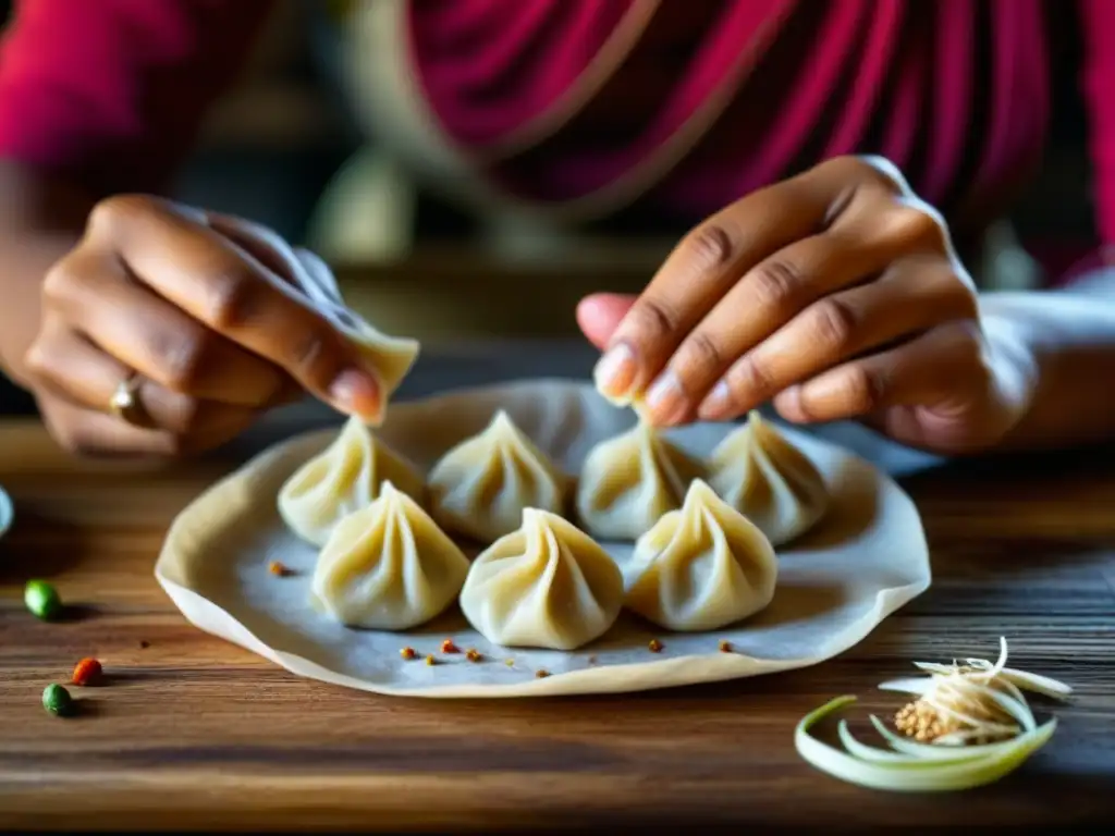 Una mujer del sur de Asia moldea momos con destreza en una mesa rústica, representando la cocina tradicional de mujeres sur Asia