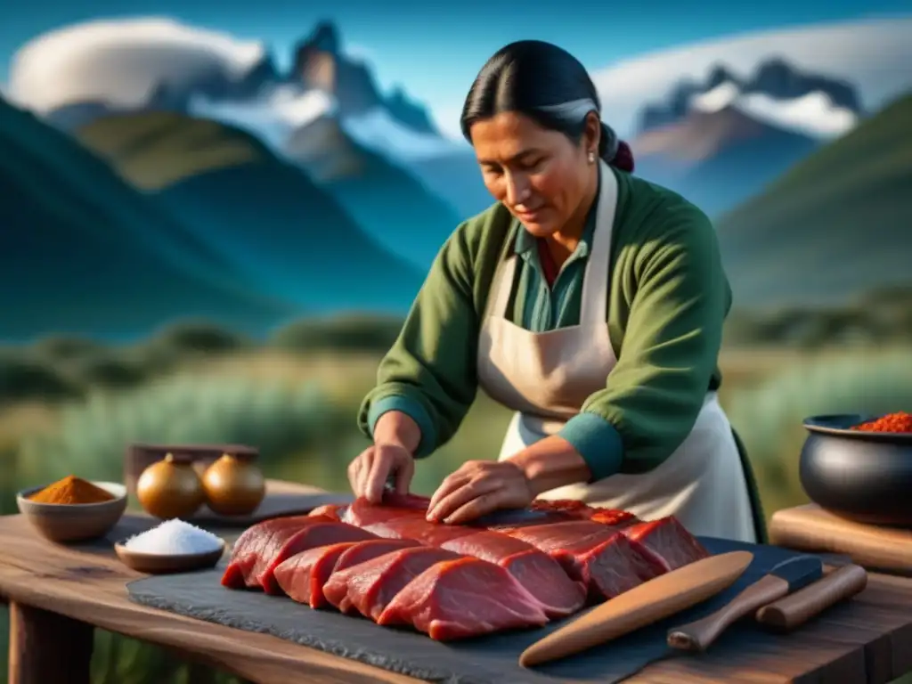 Una mujer Tehuelche de Patagonia preserva carne con técnicas ancestrales de conservación alimentos