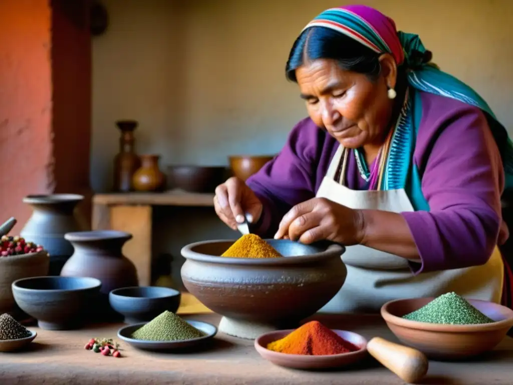 Una mujer Tehuelche prepara una receta histórica en la Patagonia, moler especias en un mortero tradicional