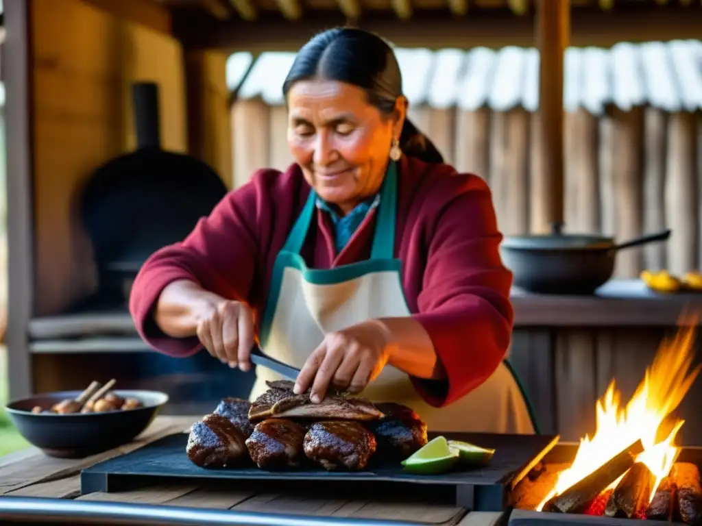 Una mujer Tehuelche en Patagonia preparando recetas históricas sobre fuego