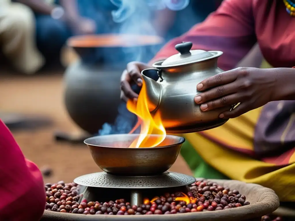 Una mujer etíope en traje colorido tuesta granos de café sobre fuego, rodeada de espectadores en una ceremonia tradicional