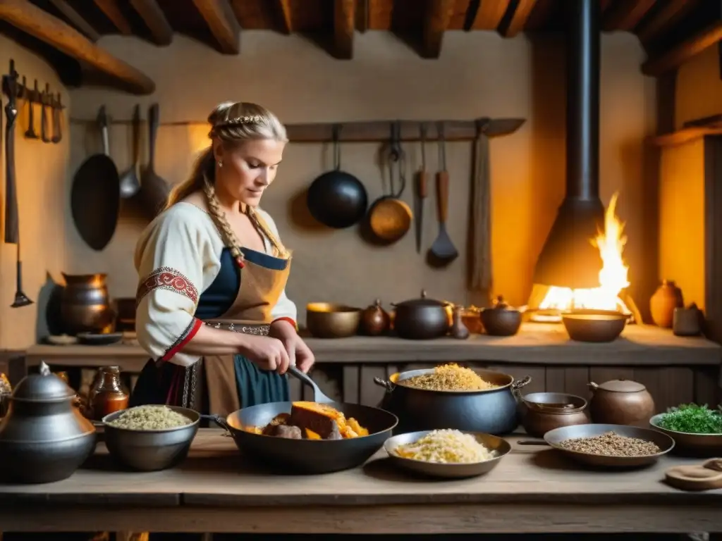 Vikinga preparando un festín tradicional en cocina rústica Una mujer vikinga preparando un festín en una cocina rústica, rodeada de ingredientes y utensilios
