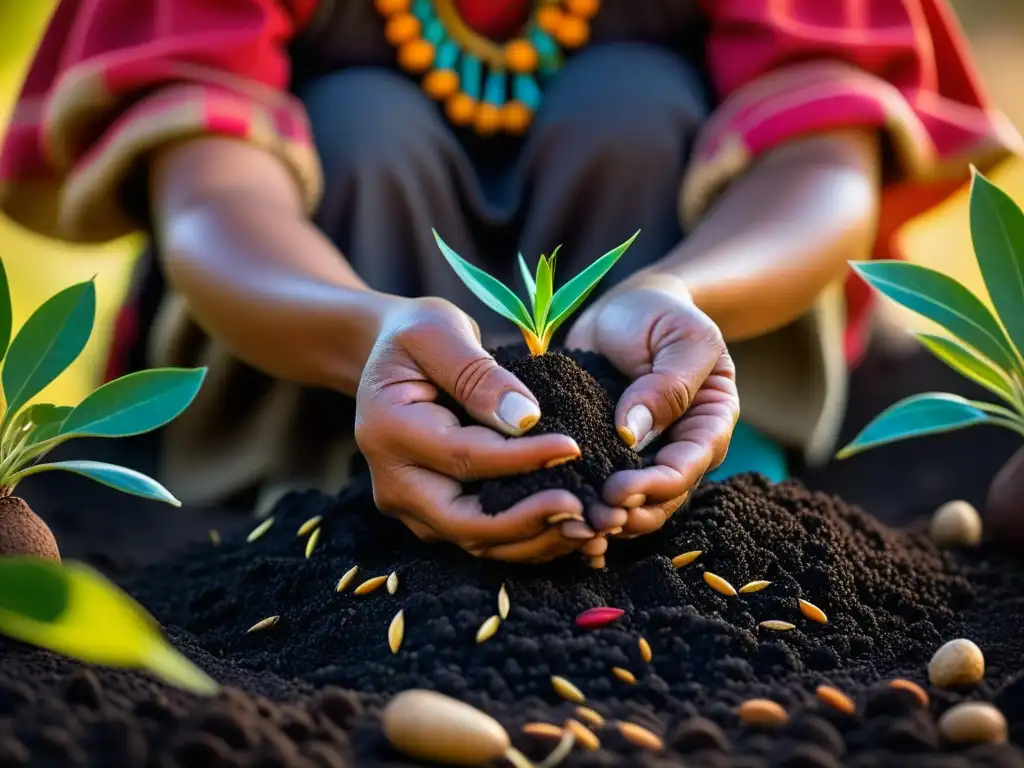 Una mujer Zapoteca planta semillas heredadas con cuidado en tierra fértil, mostrando las técnicas agrícolas Zapotecas legado culinario