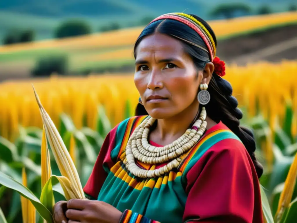 Una mujer Zapoteca tradicional cuida maíz con técnicas agrícolas Zapotecas, mostrando el legado culinario