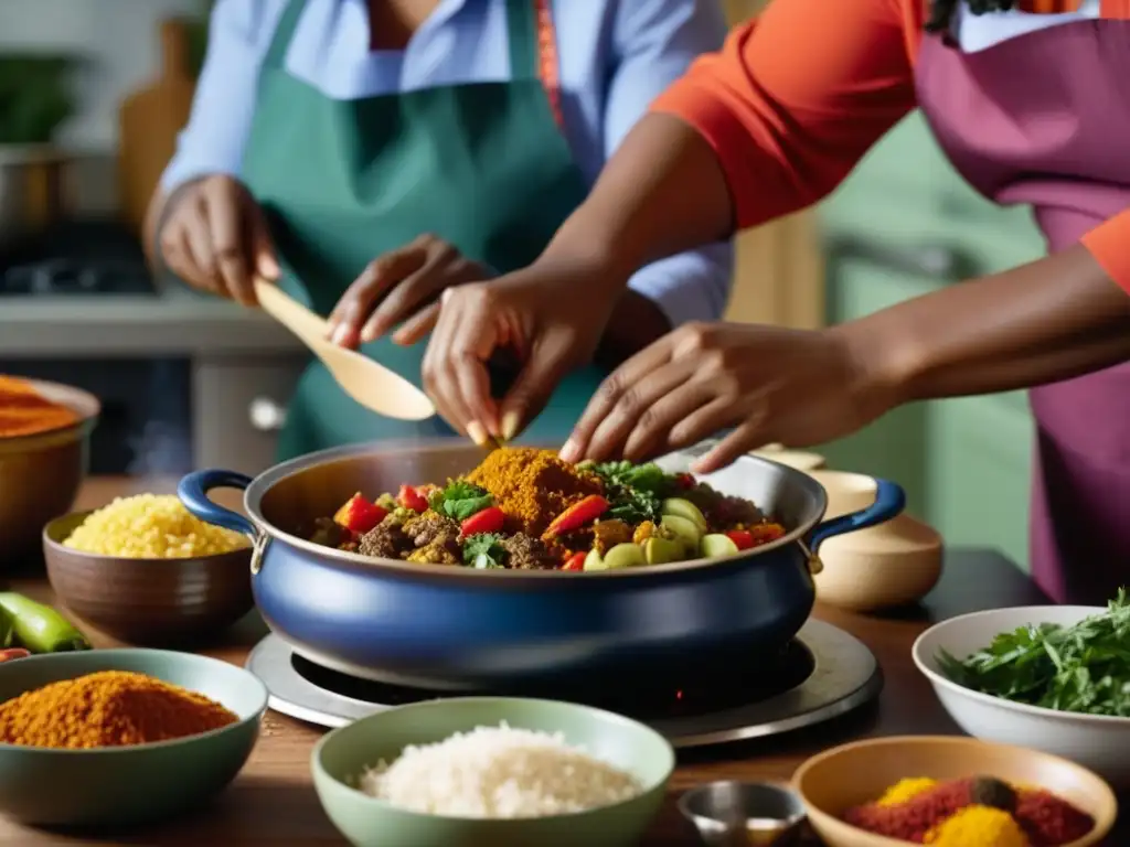 Mujeres africanas en la cocina sazonando ingredientes con destreza, transmitiendo su herencia culinaria con autenticidad