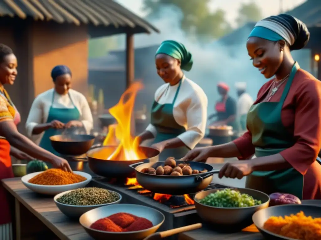 Mujeres africanas en cocina tradicional resistieron colonización, preparando ricos platillos bajo el sol brillante