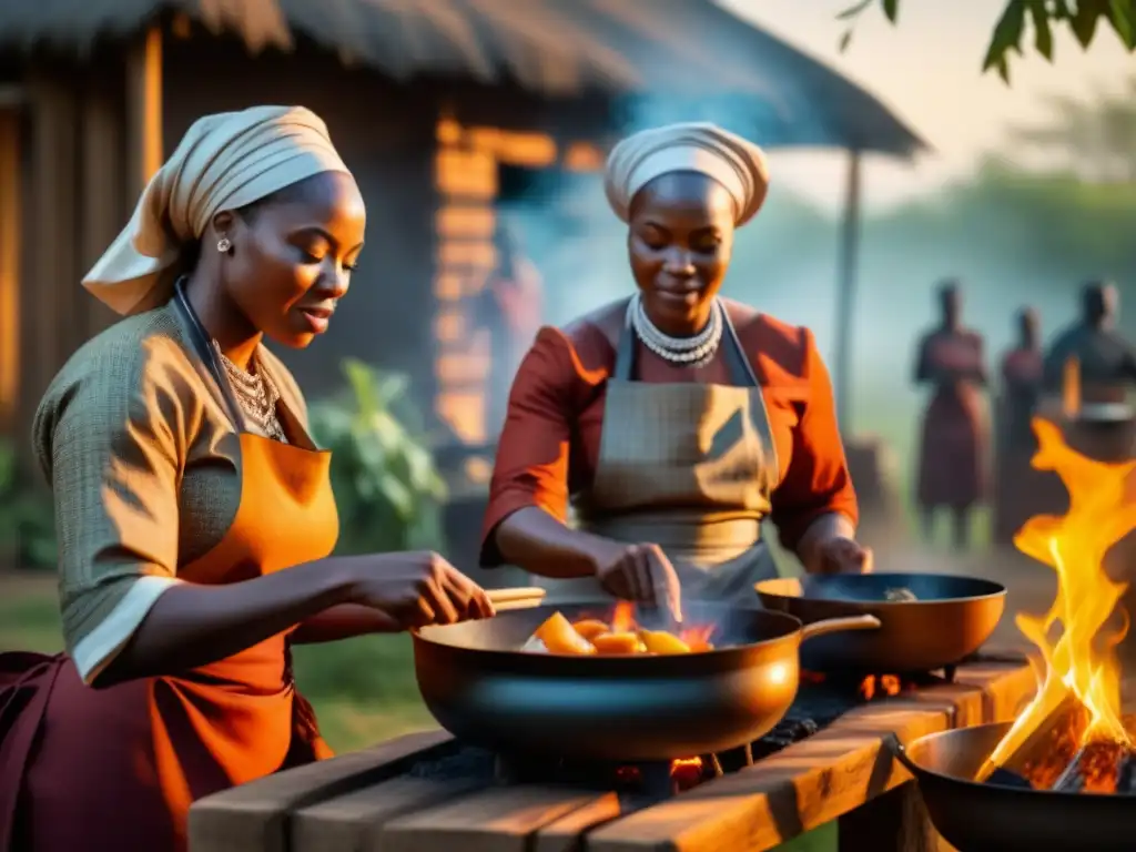 Mujeres africanas en cocina tradicional, mostrando determinación y resistencia