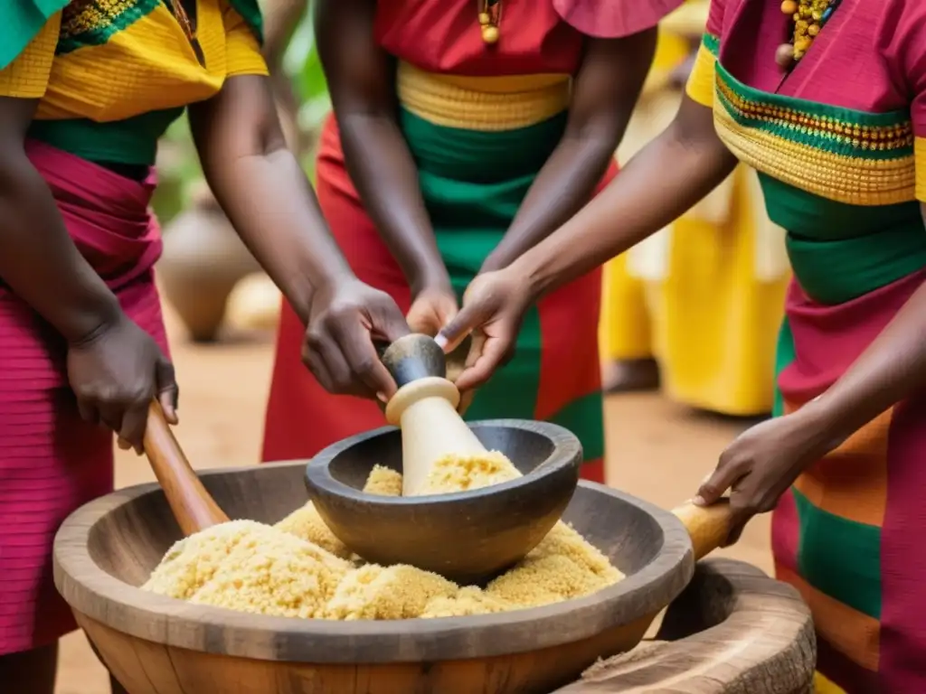 Mujeres africanas en coloridos trajes tradicionales fermentando fufu en África, entre la exuberante vegetación y puestos de mercado vibrantes