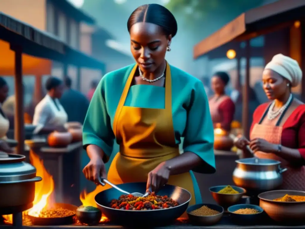 Mujeres africanas cocinan con pasión en mercado al aire libre, resistiendo la opresión colonial con tradiciones culinarias