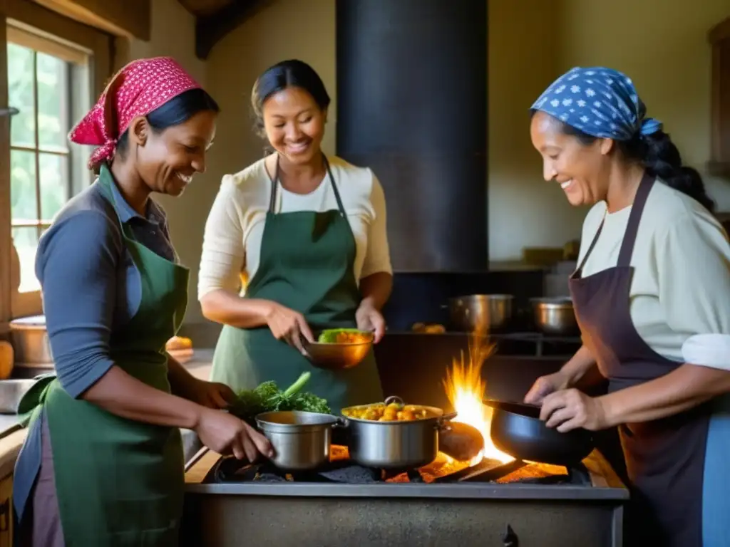 Mujeres cocinando con determinación en una cocina de guerra