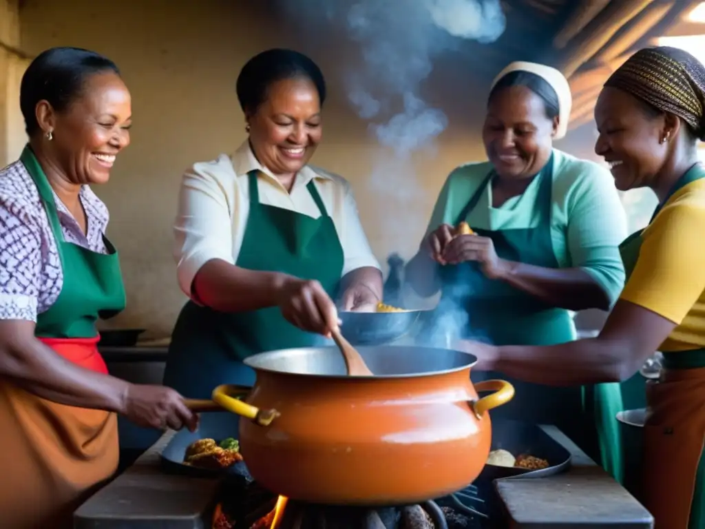 Mujeres en cocina gueto apartheid adaptación, cocinando juntas un guiso fragante con creatividad y resiliencia