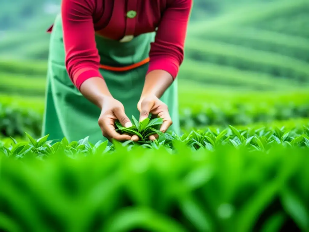 Mujeres escribiendo historia: manos recolectando hojas de té en plantación exuberante, destacando su significativo rol en la tradición del té