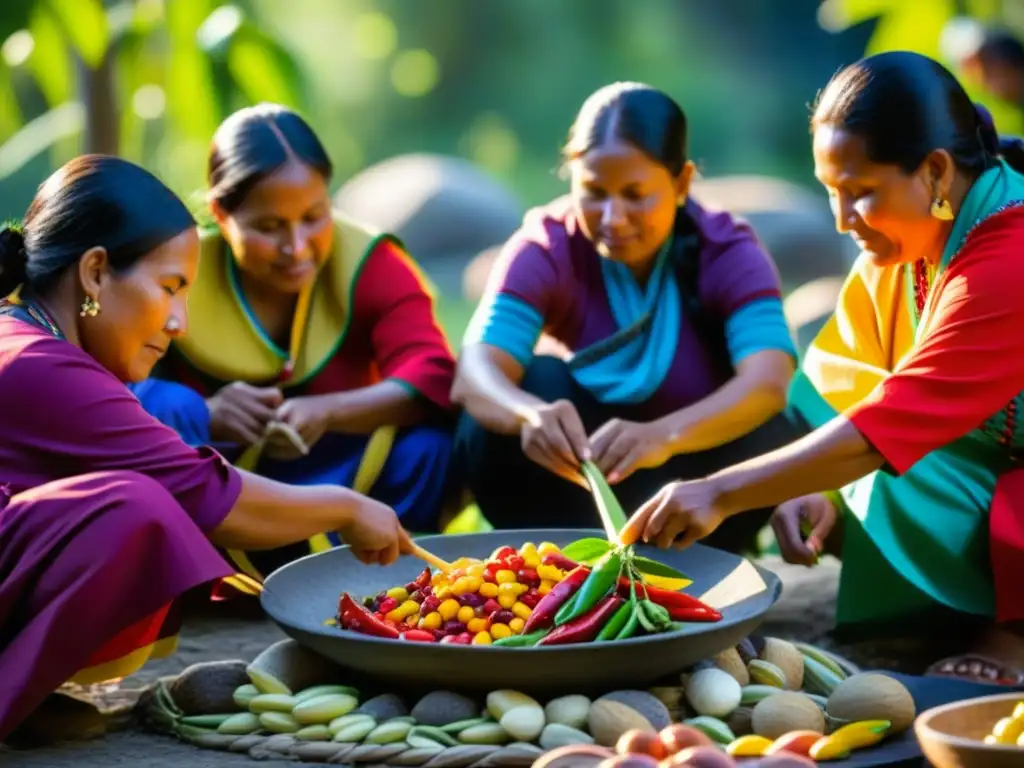 Mujeres indígenas preparando comida tradicional al aire libre en un hogar de piedra, destacando el abastecimiento de tropas en Conquista