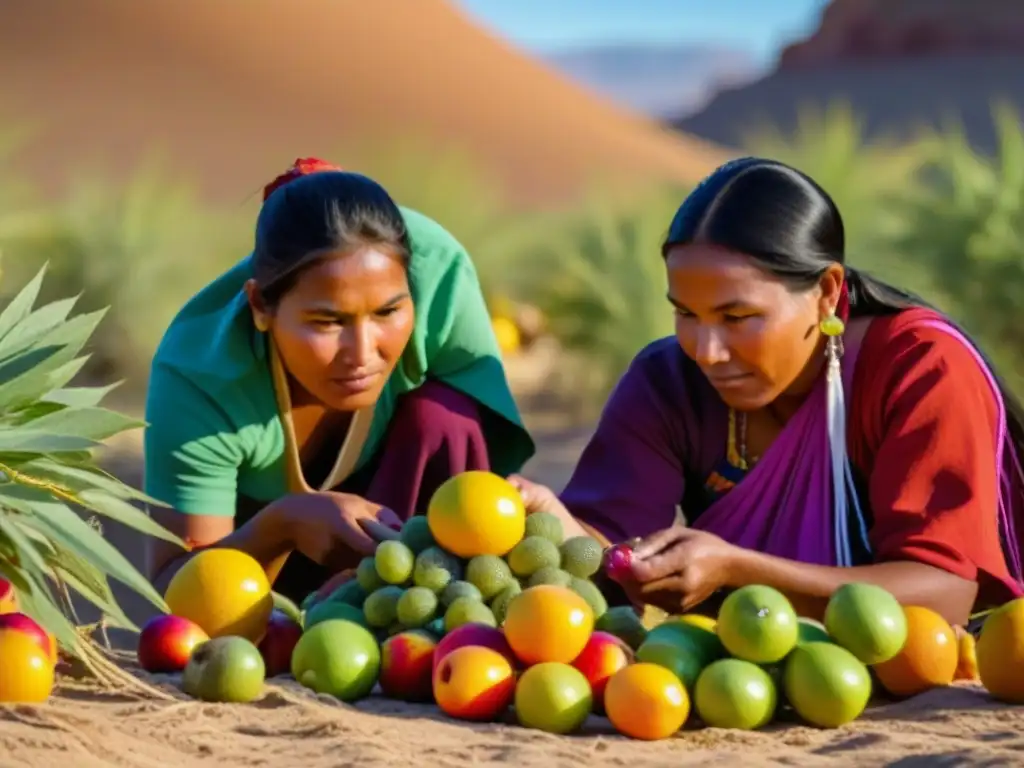 Mujeres indígenas cosechando frutas en el desierto para el abastecimiento de tropas en Conquista