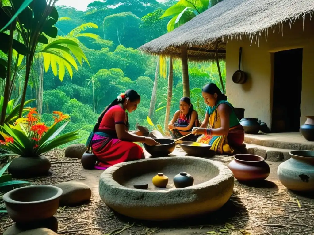 Mujeres mayas cocinan en la selva, mostrando el legado culinario con utensilios tradicionales