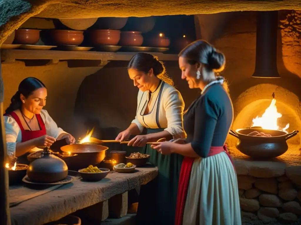 Mujeres preparando platos españoles en sótano iluminado por velas durante dominio napoleónico