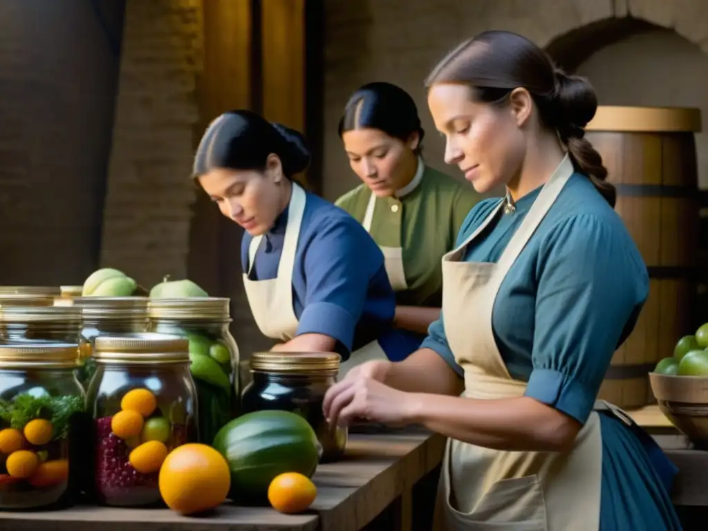 Conserveras del siglo XIX: Preservando alimentos con dedicación y tradición Mujeres del siglo XIX conservando alimentos en guerra en un sótano tenue