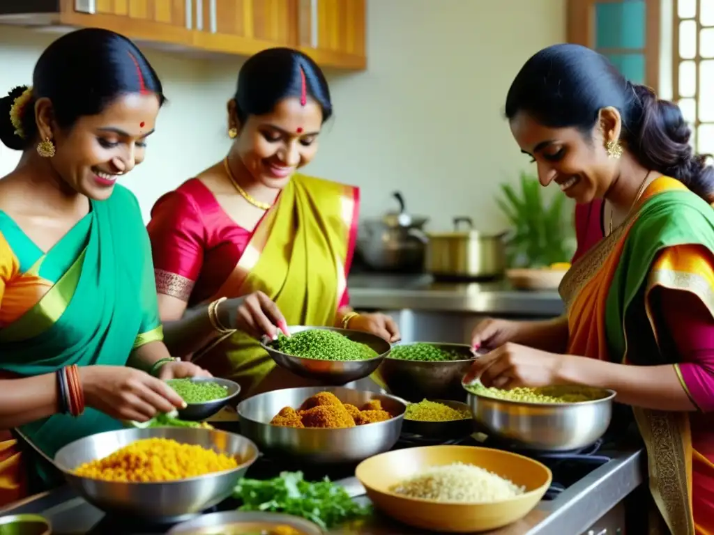 Mujeres surasiáticas en cocina tradicional preparando platos coloridos con pasión y destreza