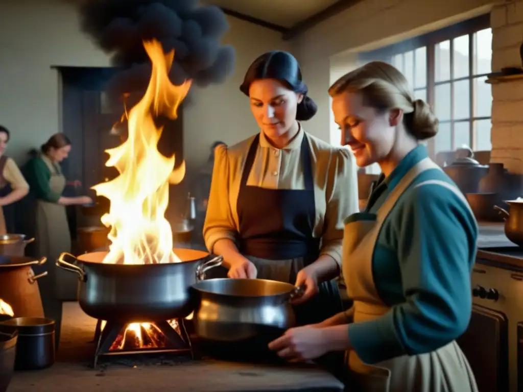 Mujeres en trajes vintage cocinando con pasión en una cocina de guerra, mostrando adaptaciones culinarias en conflictos históricos