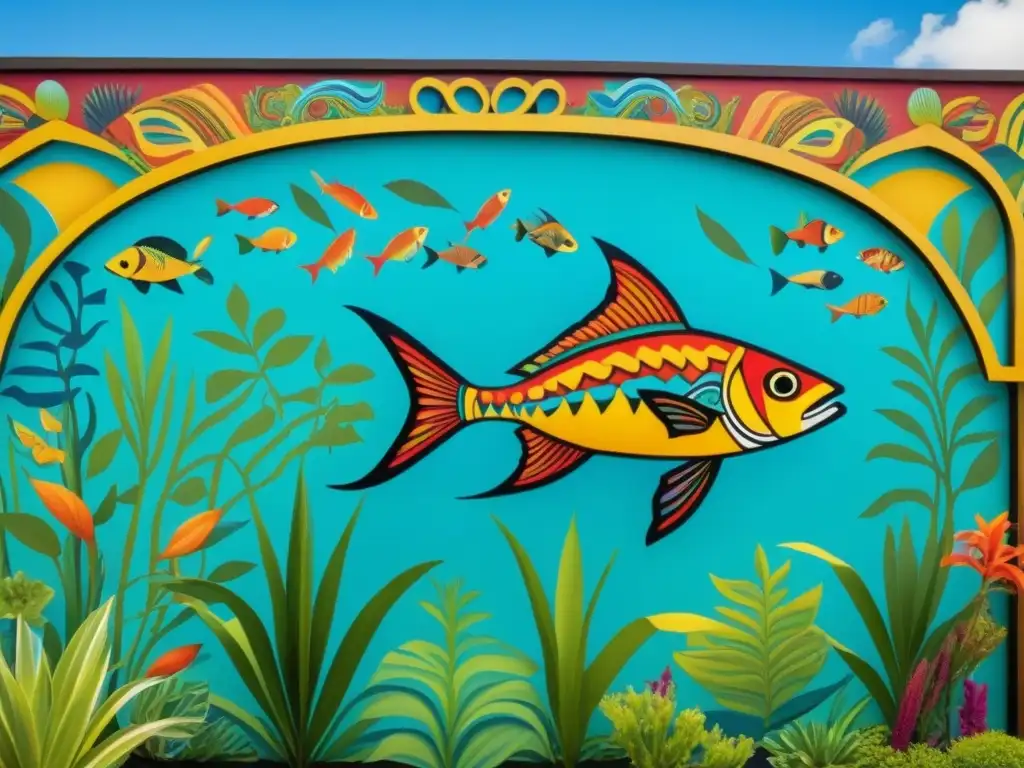 Un mural azteca inspirado en el mar, lleno de vida marina y plantas acuáticas, reflejando la importancia de los pescados y mariscos en la dieta azteca