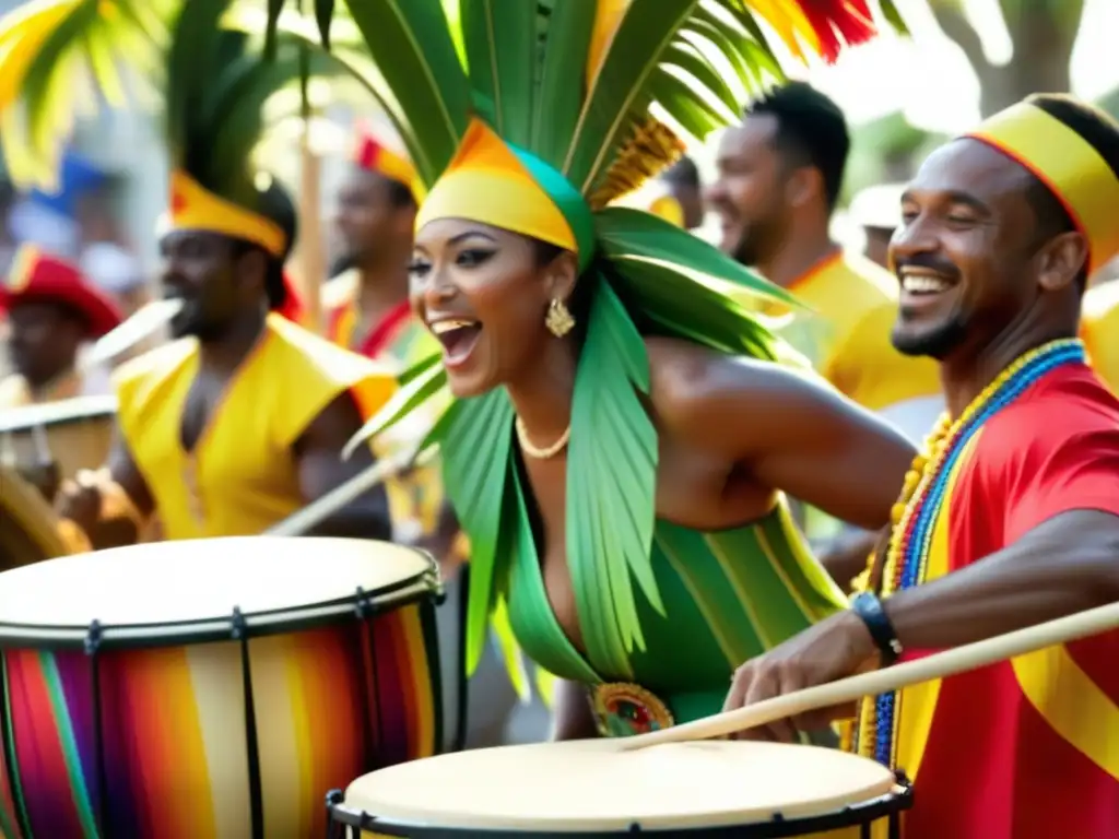 Un músico caribeño tocando un steel drum en un desfile vibrante