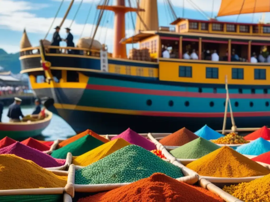 Barco portugués cargado de especias llega a puerto japonés Una nave portuguesa cargada de sacos de especias coloridas, llega a un bullicioso puerto japonés