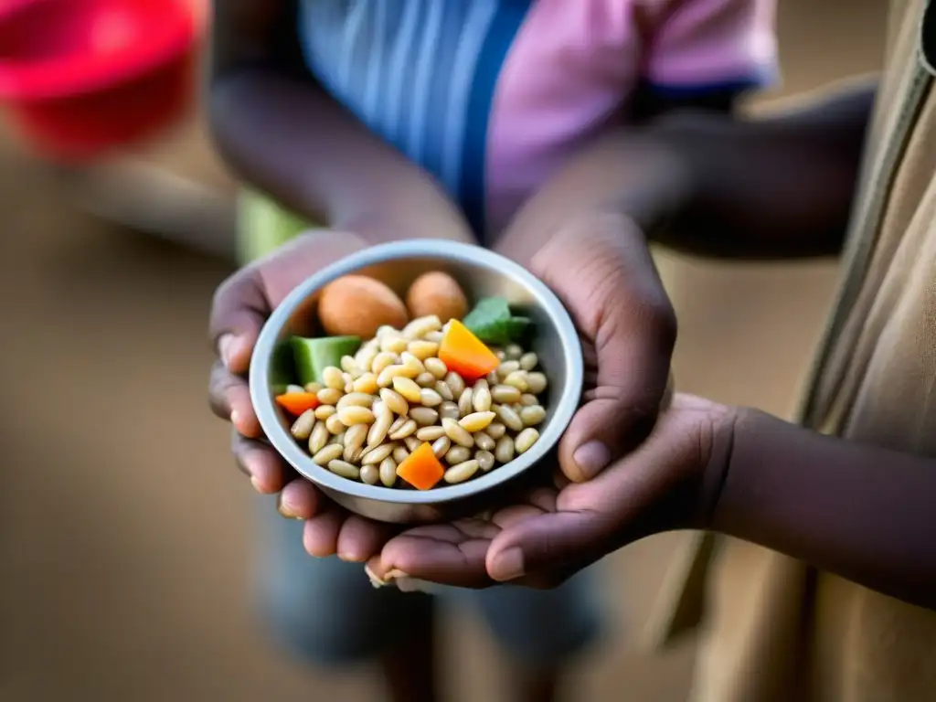 Niño en centro distribución alimentos en zona conflicto, esperanza y gratitud