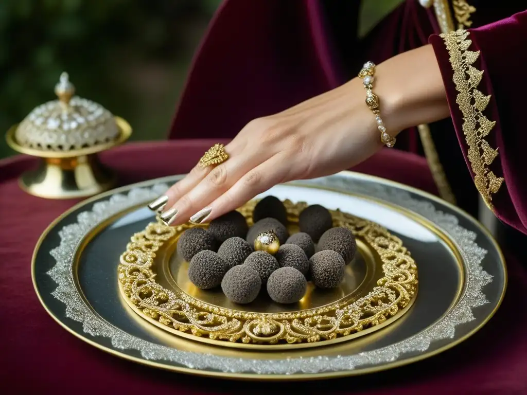 Una noble mujer coloca una trufa negra en un plato de plata en una lujosa cocina medieval