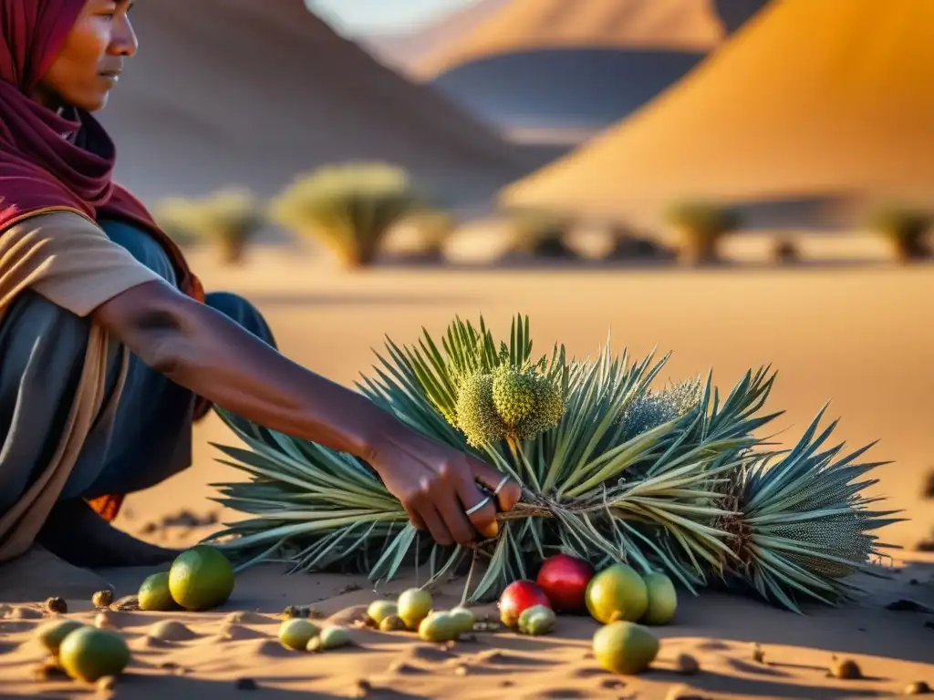 Un nómada experto recolectando frutas en un desierto árido al atardecer