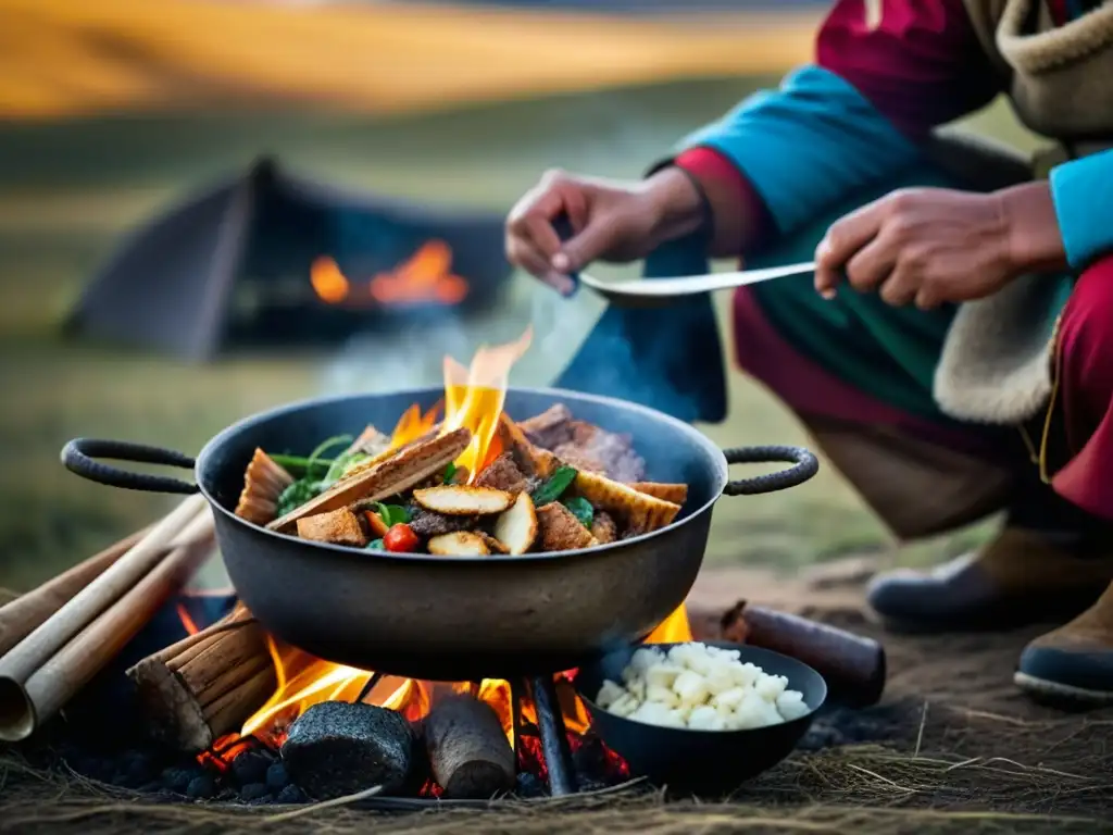 Un nómada mongol preparando una comida tradicional sobre el fuego en la estepa, representando la resistencia a través de su dieta