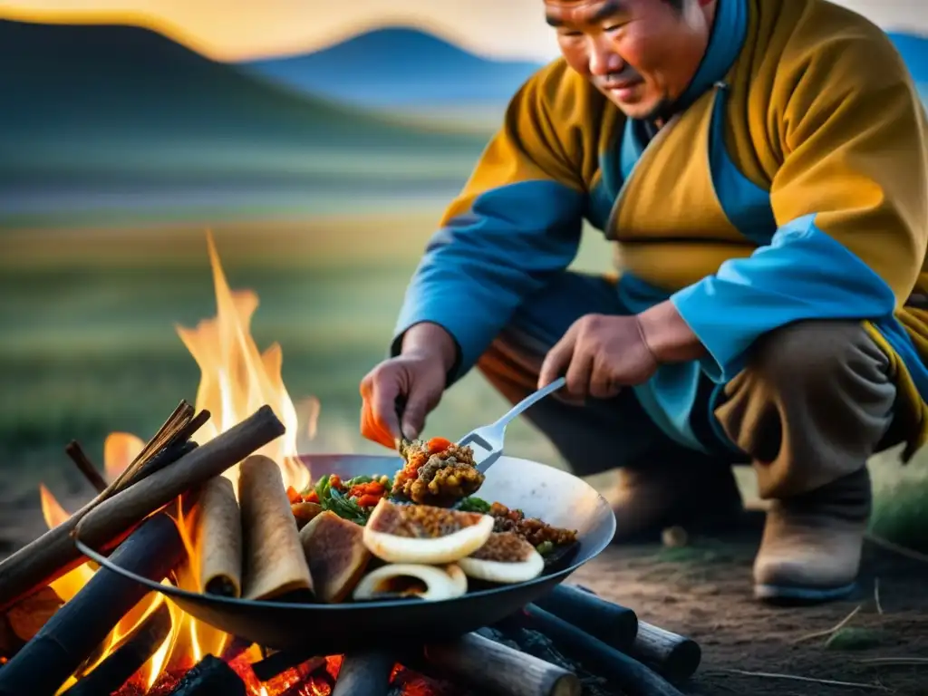 Un nómada mongol prepara un festín en la estepa, destacando la resistencia y dieta de los mongoles