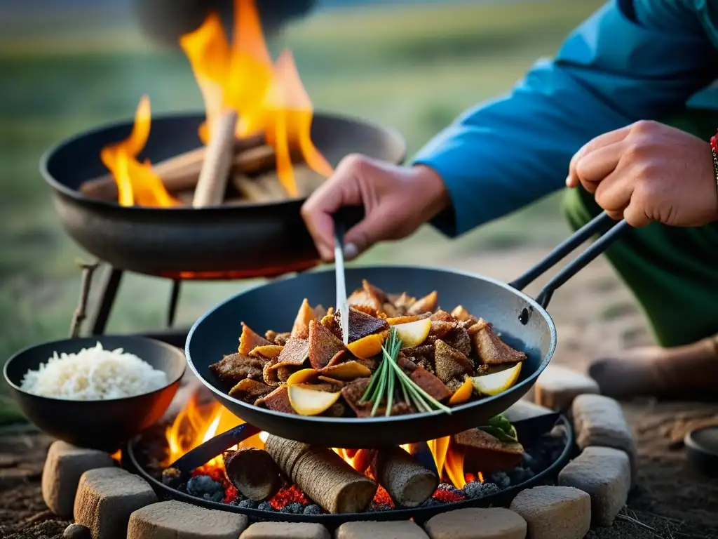 Un nómada tradicional mongol preparando una comida sobre un fogón en la estepa, destacando la resistencia y la dieta mongol