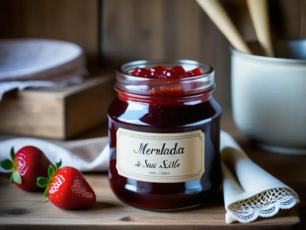 Una nostálgica escena de cocina del siglo XIX con una jarra de cristal de mermelada de fresa rodeada de utensilios antiguos