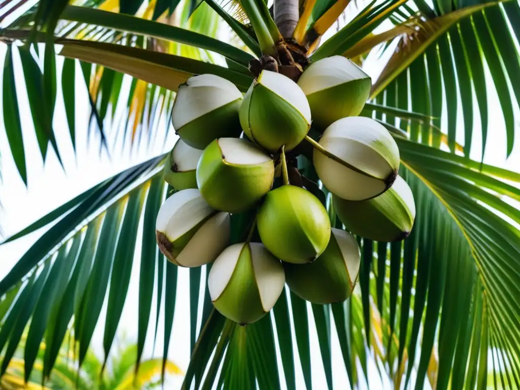 Un oasis tropical: racimo de cocos maduros en palmera, resaltando la abundancia natural