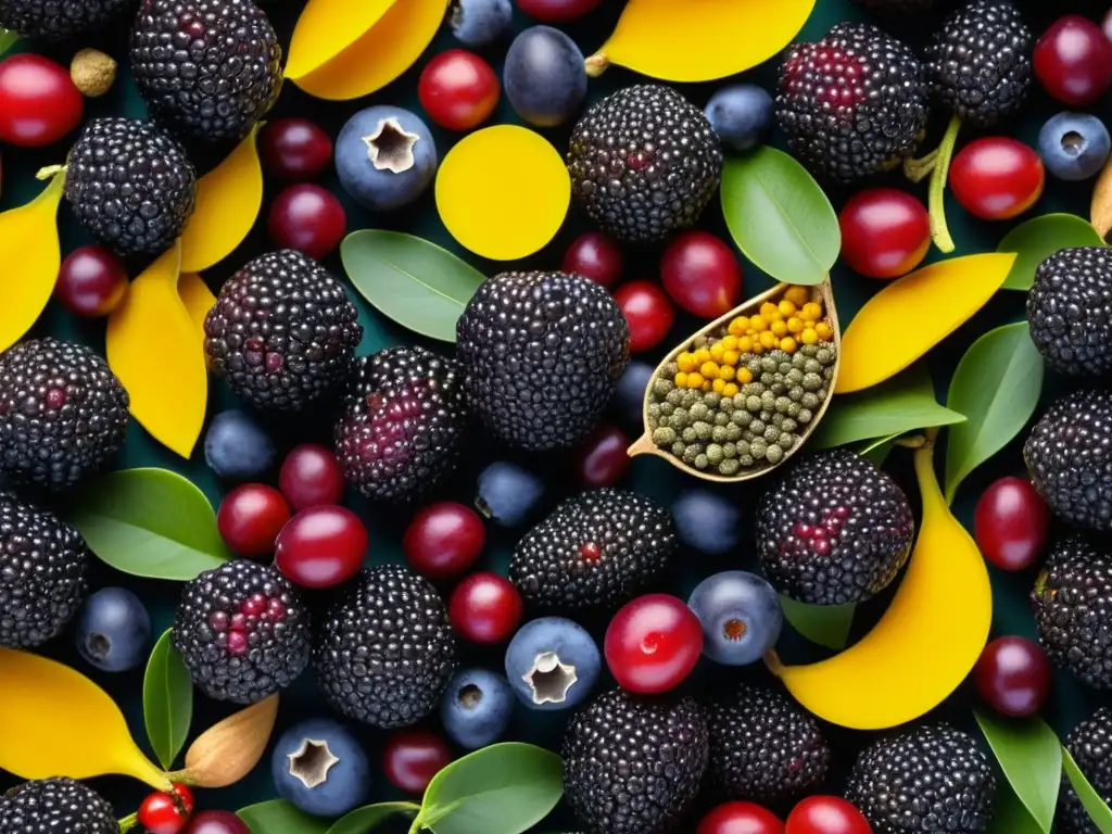 Una obra de arte con alimentos antiguos ricos en antioxidantes en vibrantes colores y texturas